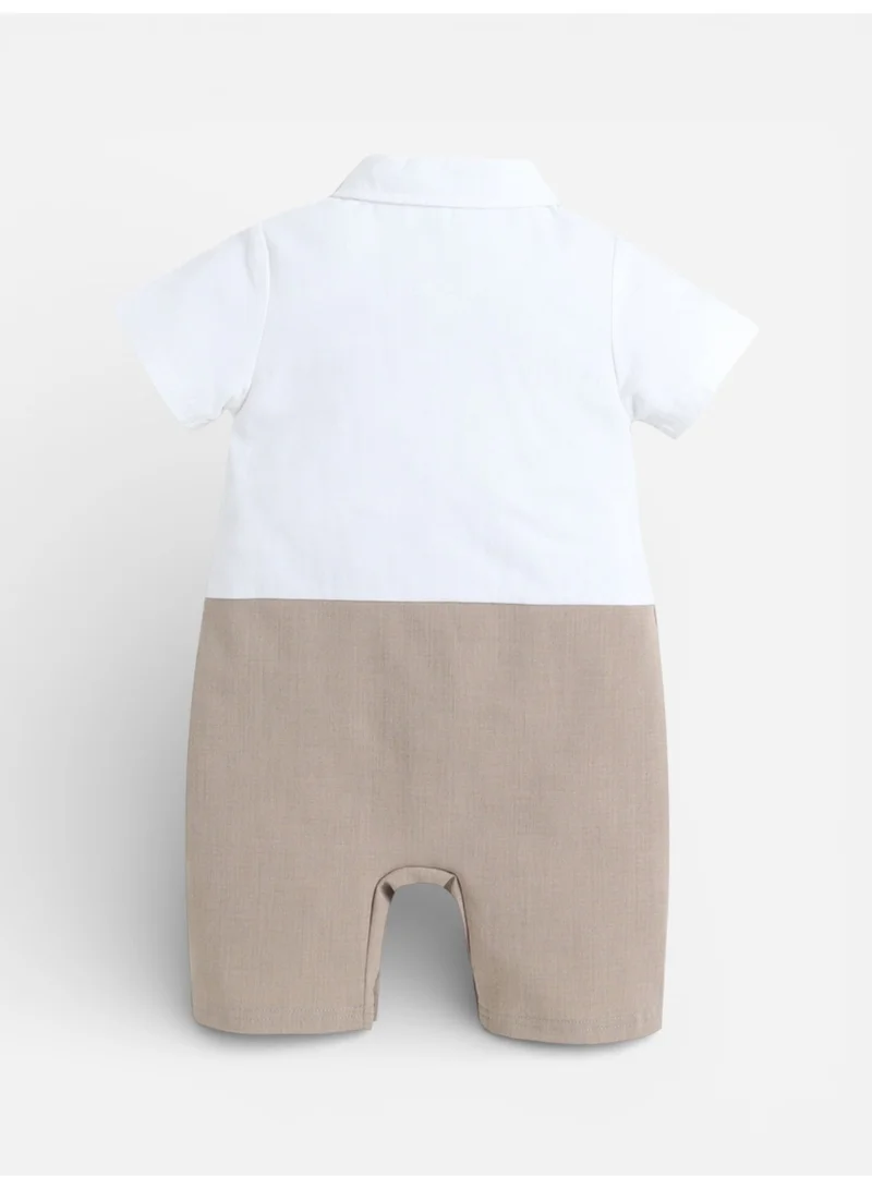 فكتور اند جين طقم رومبر قطعة قطعتين سترة وقميص وربطة عنق للأطفال الرضع بيج